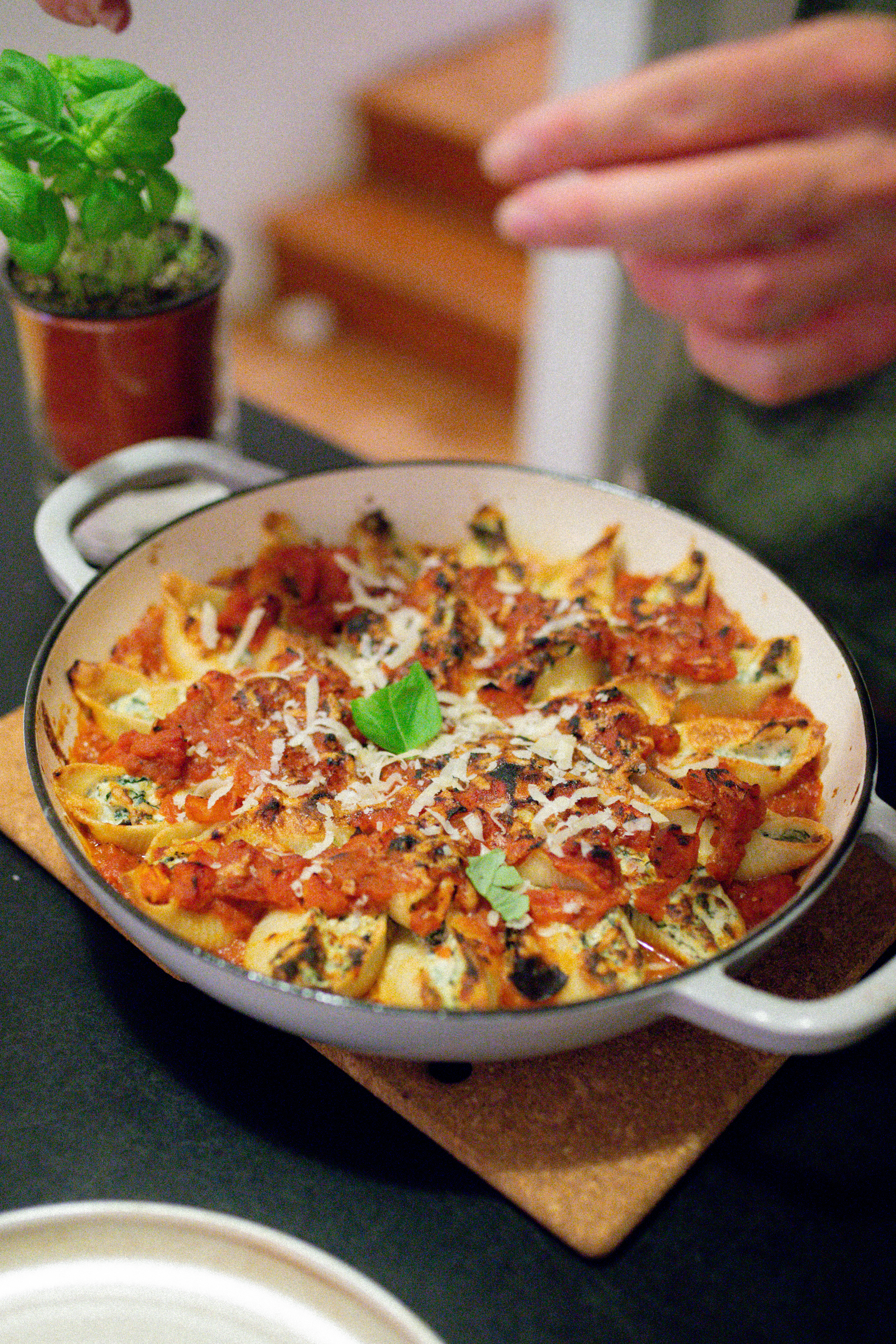 Stuffed Pasta Shells with Spinach, Ricotta + Pepitas